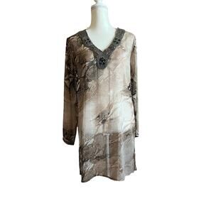 AKARU Dubai Beaded Accent Tunic Shirt Long Sleeve Loose top Sz L Cream Brown